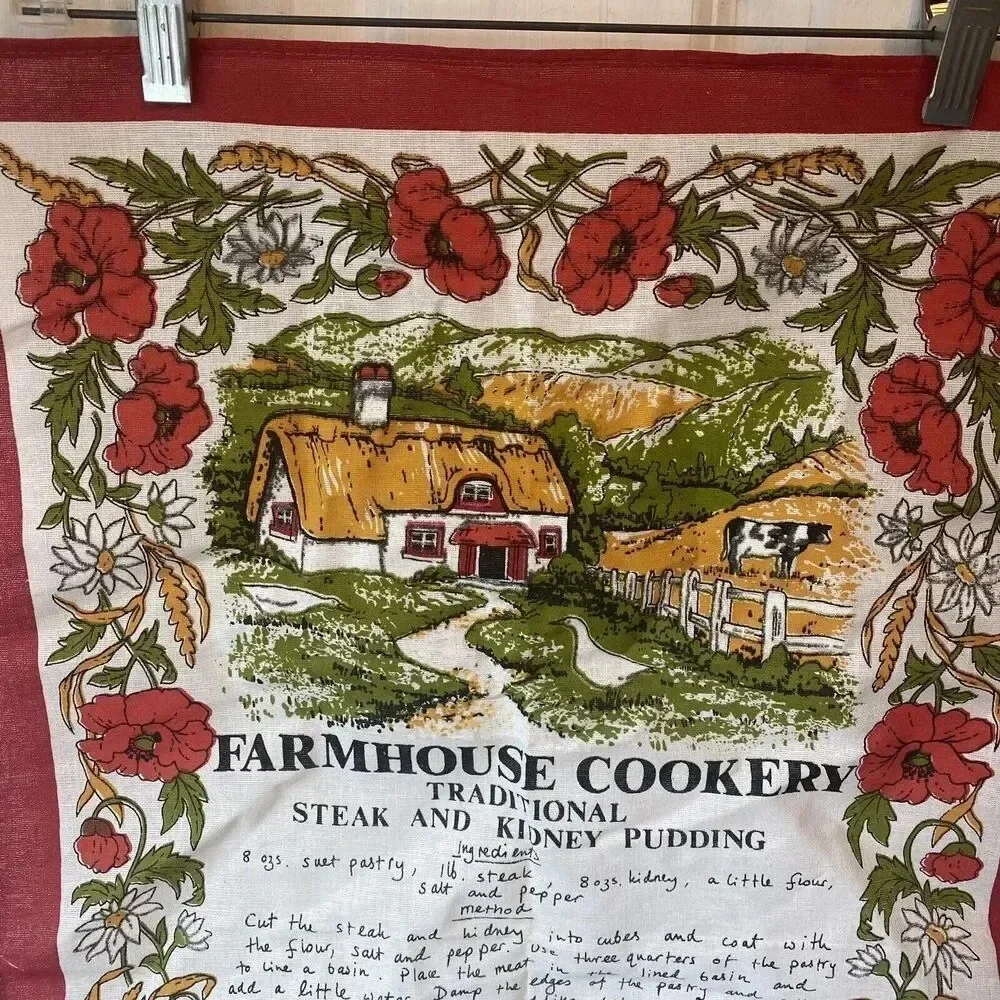 VTG Irish Tea Towel HOME MADE Farmhouse RECIPE Hot Pot Pudding Cotton Kitchen